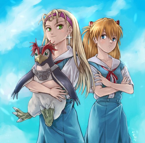 souryuu_asuka_langley_penpen_and_marie_vincennes_drawn_by_kazumiminagawa