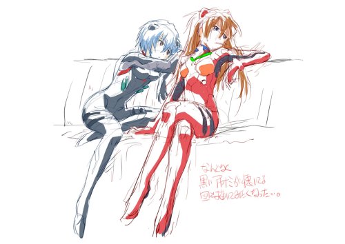 Ayanami leans against Asuka by 大河広行